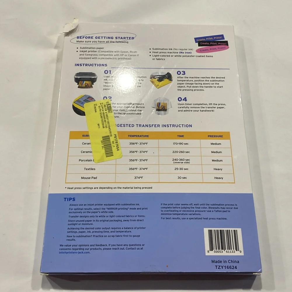 Printers Jack ink jet Sublimation Paper for Light Colors 125gsm open package